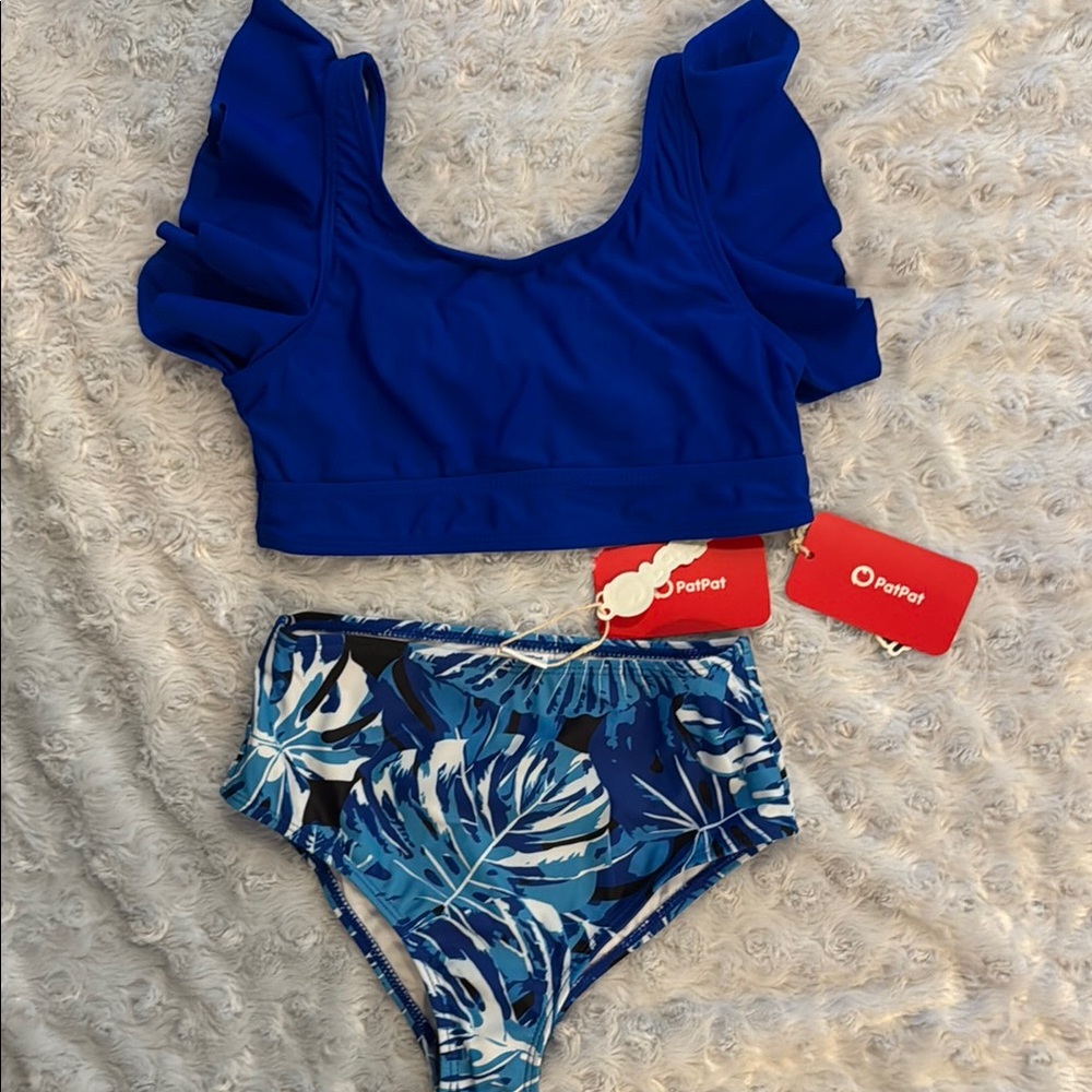 Girls Royal Blue and tropical Ruffle Bikini Set